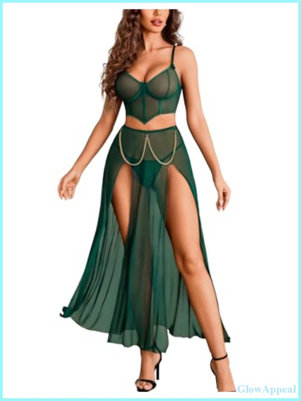 3 Piece Mesh Lingerie Set Crop Top Split Skirt Thong Sheer Sleepwear